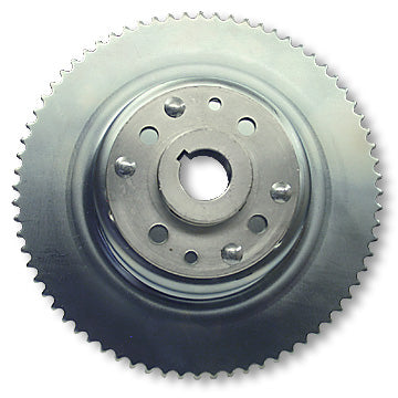 Brake Drum Sprocket, 4-1/2", #35 Chain 72 Tooth, Machined OD, Riveted to Mini-hub, 1-1/4" Bore