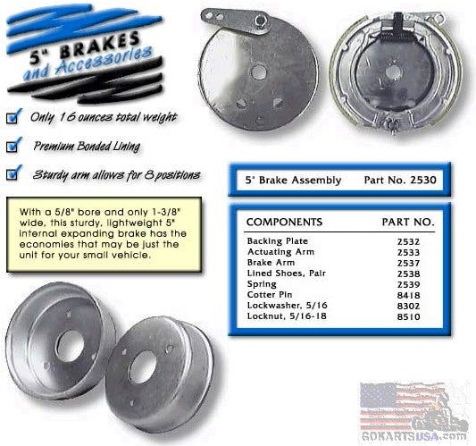 2530 5" Drum Brake Assembly, Go Kart, Mini Bike, Aluminum, 5/8" Bore