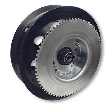 Mini Bike Wheel, 10" Black Oxide Steel, #35 72T Sprocket, Brake Drum, 5/8" ID Precision Ball Bearings