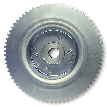 Brake Drum Sprocket, 4-1/2", #35 Chain 72 Tooth, Machined OD, Riveted to Mini-hub, 1" Bore