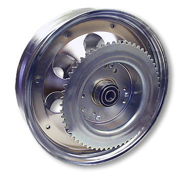 Mini Bike Wheel, 10" Chrome Plated, #35 60T Sprocket, Brake Drum, 5/8" ID Precision Ball Bearings