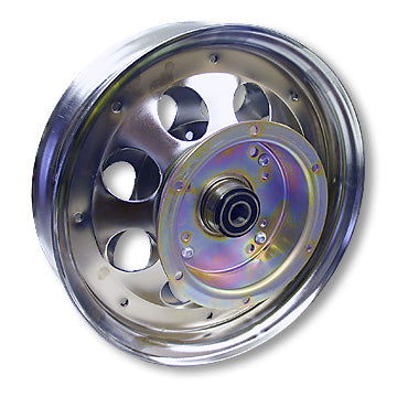Mini Bike Wheel, 10 in. Chrome Plated, 5/8 in. ID Precision Ball Bearings, Flanged Brake Drum